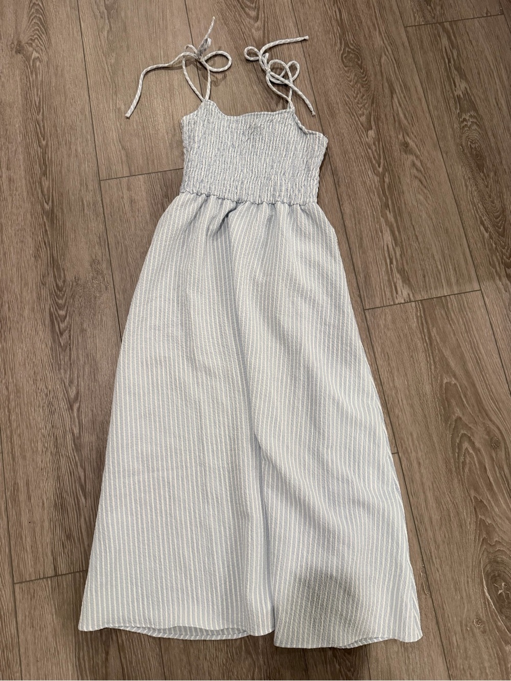 H&M Light Blue and White Striped Smocked Sundress with Tie Straps